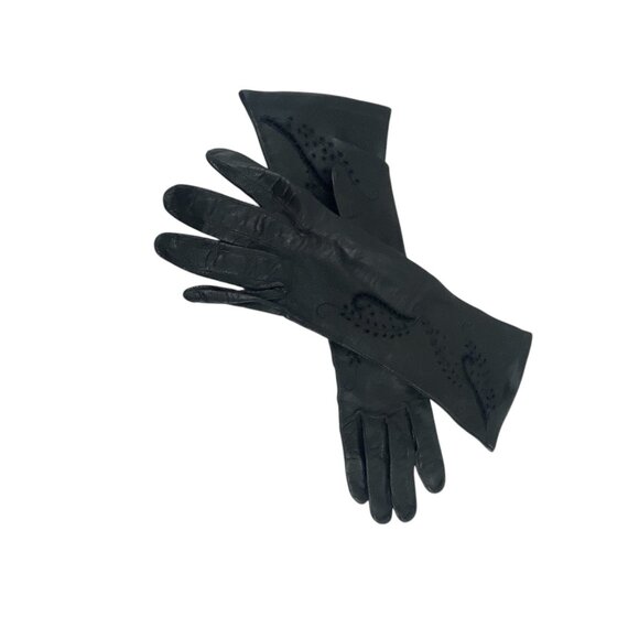 Vintage Women's Black Leather Gloves Intricate Paisley Embroidery Design - Picture 6 of 12